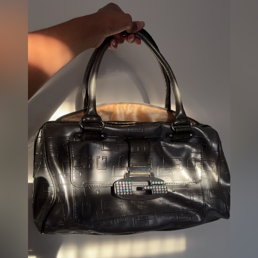 Guess Metallic Silver Handbag with Rhinestone Accent